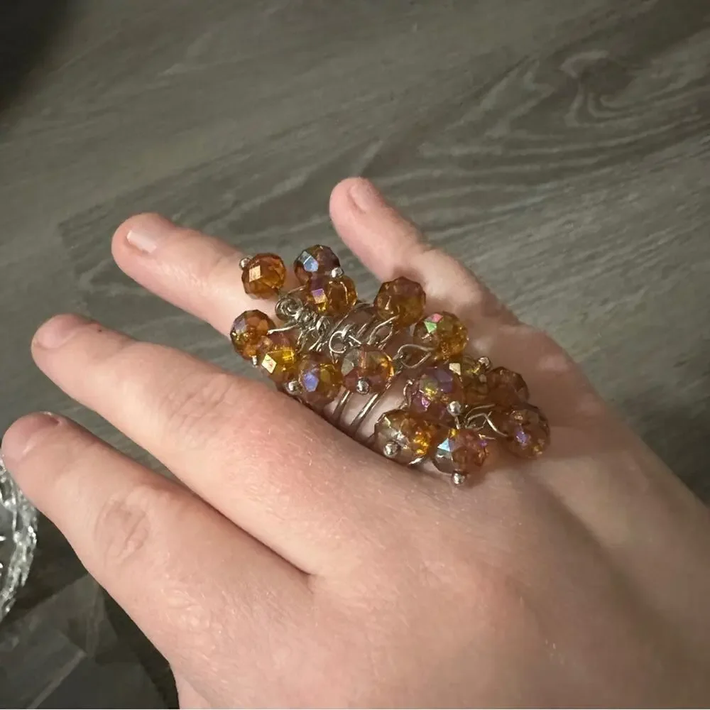 Orange Toned Rhinestone Gem Tiered Stacked‎ Oversized Silver Toned Ring